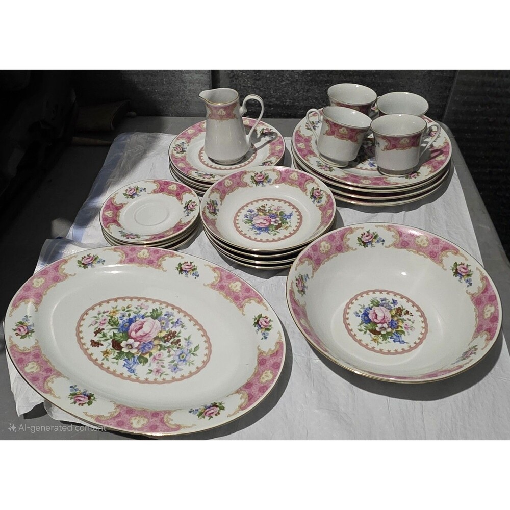 23 Piece Remington by Red Sea Fine China pink floral dinnerware serving 4